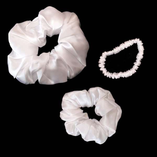 Scrunchie (100 % mullberry silk) - 3 pcs set - white
